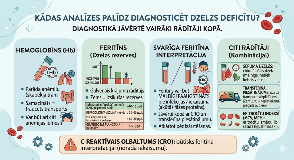 Kādas analīzes palīdz diagnosticēt dzelzs deficītu.