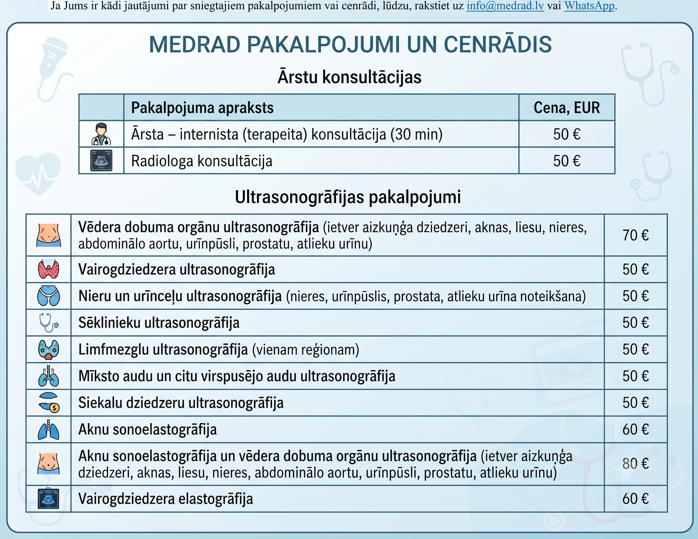 USG cenas Rīgā, internista konsultaciju cenradis - MedRad